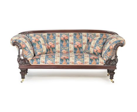 Early Victorian mahogany framed and upholstered settee, circa 1845, upholstered throughout in a blue striped floral print fab