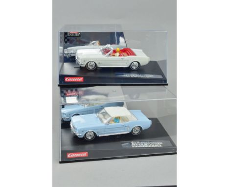 TWO CARRERA EVOLUTION FORD MUSTANG CONVERTIBLES AS FEATURED IN JAMES BOND FILMS, from Goldfinger, No.25737 and Thunderball, N