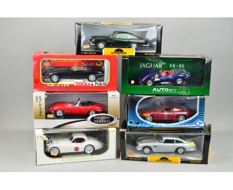 SEVEN BOXED DIECAST CAR MODELS, all 1/18 scale, Jaguar and Aston Martin models, Autoart, Chrono, Tonka Polistil Series Gold, 