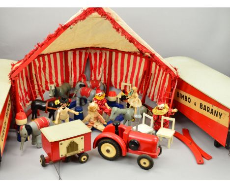 A WOODEN CIRCUS BIMBO &amp; BARANY SET, c.1950's, made in West Germany, purchased in America, comprises wooden framed, cloth 