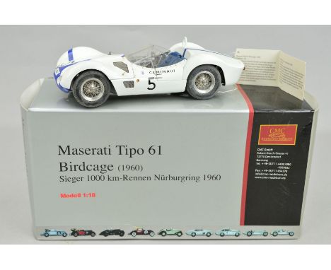 A BOXED CMC DIECAST 1/18 SCALE MASERATI TIPO 61 BIRDCAGE RACING CAR MODEL, No. M-047, appears complete and in very good condi