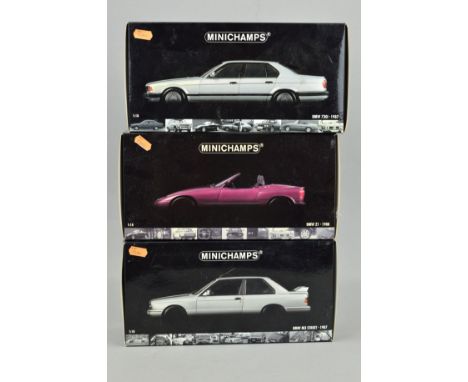 THREE BOXED MINICHAMPS DIECAST 1/18 SCALE B.M.W. CAR MODELS, Z1, M3 Street and 730i