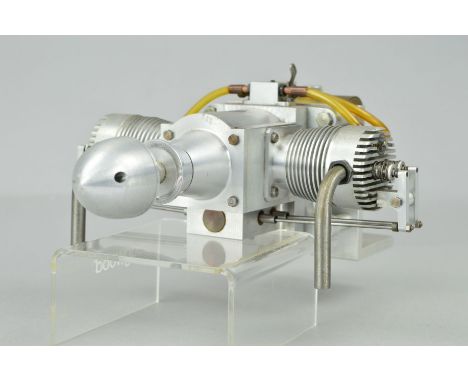 A HANDBUILT 2 CYLINDER OPPOSED MODEL AEROPLANE ENGINE, built by Gordon Williams of Aldridge, 22cc glow engine, said to be in 
