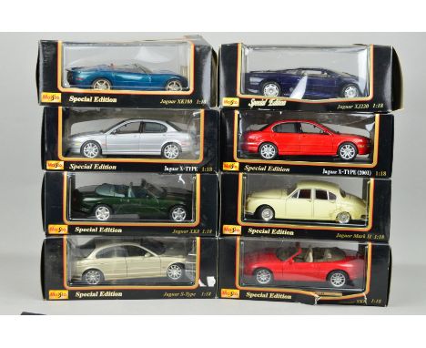 A COLLECTION OF BOXED MAISTO JAGUAR CAR MODELS, all 1/18 scale, some wear and damage to boxes (8)