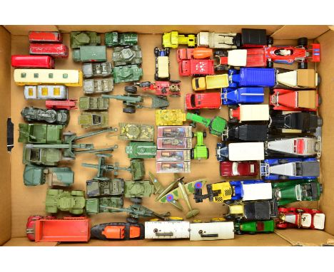 A QUANTITY OF UNBOXED AND ASSORTED PLAYWORN DIECAST VEHICLES, to include Britains Sexton Self-Propelled Gun, No.LV/611 (s.d.)