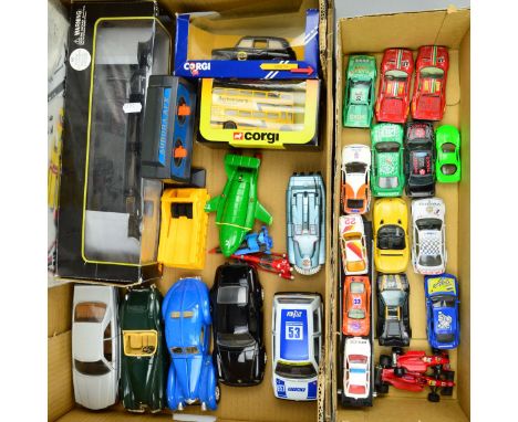 A QUANTITY OF BOXED AND UNBOXED DIECAST VEHICLES, to include Corgi, Burago, Matchbox Thunderbirds items, etc (two boxes)