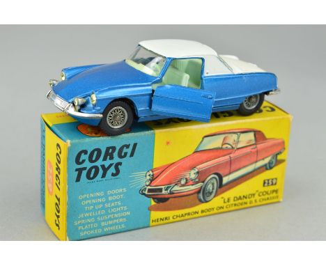 A BOXED CORGI TOYS CITROEN 'LE DANDY' COUPE, No.259, version with metallic blue body white roof and boot, very lightly playwo