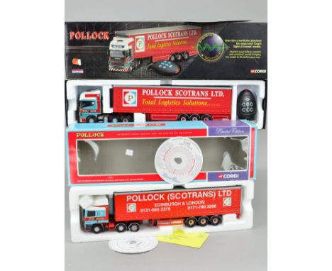 A BOXED CORGI CLASSICS SCANIA TOPLINE AND CURTAINSIDE TRAILER POLLOCK SCOTRANS SIGHT AND SOUND MODEL, No.CC12931, not tested,