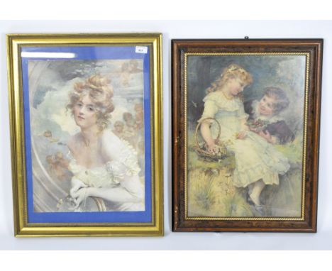 Two Pears' style prints of a lady and two children, framed and glazed size 69cm x 50cm