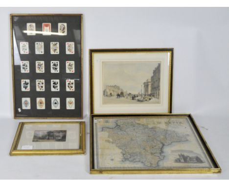 A group of four pictures and prints, including a framed Dunhill playing cards set, map of Devon and a Miles Burcott Foster sc