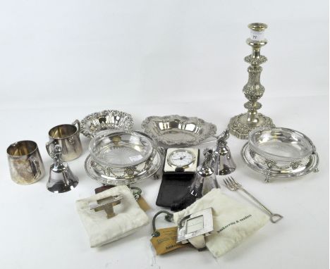 A collection of silver plated wares, including single candlestick, Baskerville &amp; Sanders photo frames and more, together 