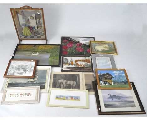 A group of framed paintings and prints and a fire screen with a tapestry panel, height 68cm
