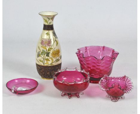 A Wedgwood ceramic vase, decorated with floral and fauna motifs, 33cm high, together with four pieces of cranberry glass