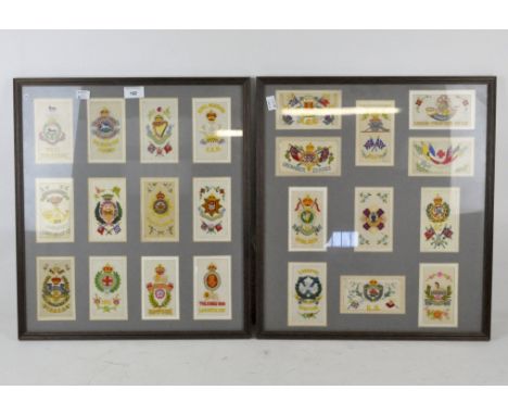 Two framed groups of twelve First World War silk postcards of British Army Regiments, one with 11 and one with 12 postcards, 