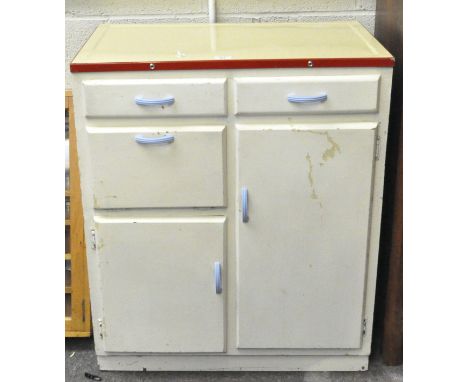 A 1960s vintage kitchen enamel top work unit with two drawers, set on a wooden base unit with two doors, painted white with b