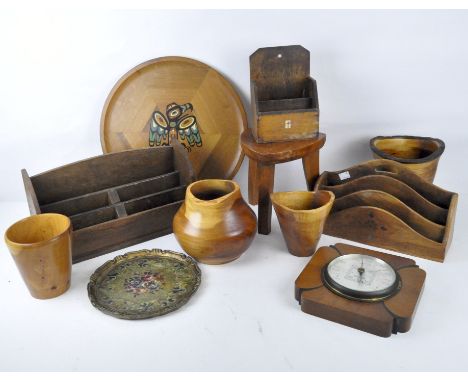 A large selection of wooden collectables, to include turned bowls and vases, a Short &amp; Mason of London wall barometer, a 