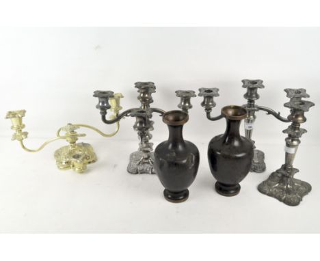 A five sconce silver plated candelabra, 26cm high, together with three smaller examples, and a pair of Japanese cloisonne ena