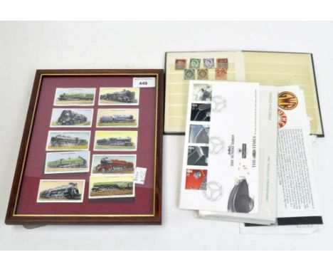 A selection of First Day Covers and cigarette cards, of which being framed