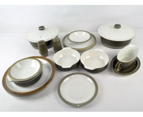A Poole pottery part dinner set, most being green and white in colour, including dinner plates, two lidded tureens, gravy boa
