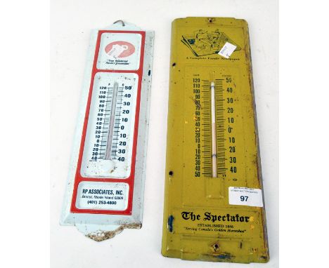 Two vintage enamel advertising wall thermometers; The Spectator, yellow in colour, and RP associates, largest 33cm long