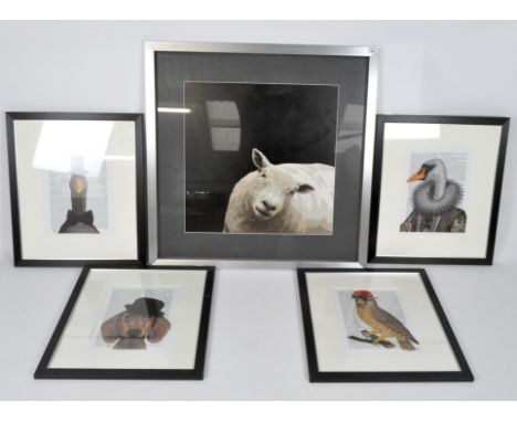 A collection of four 20th century prints of animals and another of a sheep, framed and glazed, max. height including frame 88