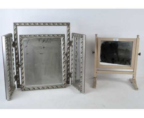 A contemporary three piece dressing table mirror, with silvered frame, height 50cm, together with a white painted single dres