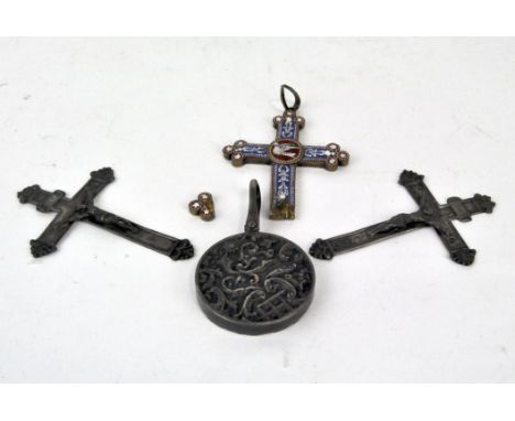 A micro-mosaic cross, height 5.5cm (AF), two crosses and a silver mounted mirror