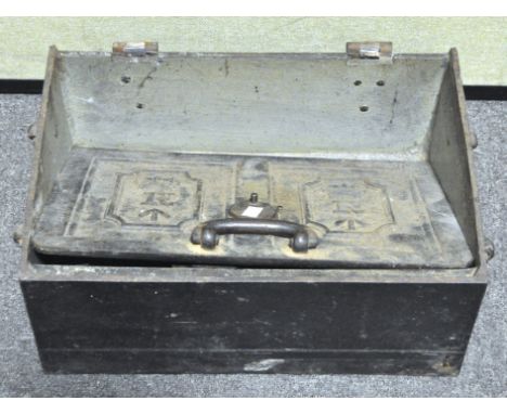 A Victorian cast iron revenue strong box with crown over R and arrow, with side handles, 20cm x 45cm x 30cm