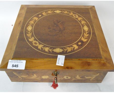 A vintage Italian Sorento ware marquetry inlaid musical jewellery box, of square form, label to front "Isle of Capri" made in