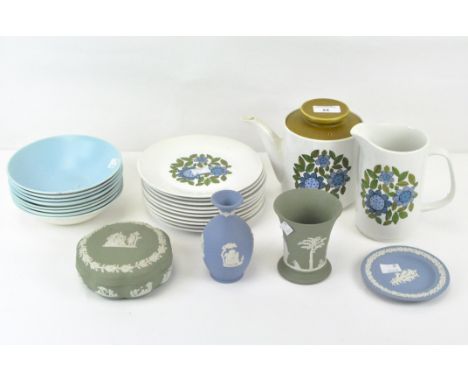 A J Meakin Topic part coffee set  including side plates, a coffee pot and jug, together with eight Poole bowls and four piece