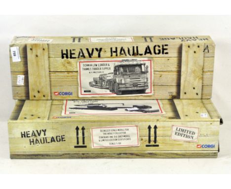 Two Corgi Heavy Haulage series 1:50 scale model vehicles, comprising a Scania Low Loader &amp; Thames Trailer Tipper, CC12210