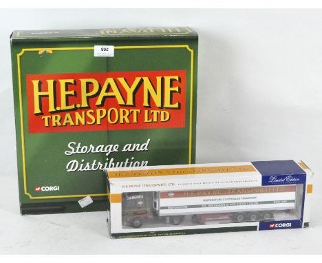 Two H E Payne Transport Ltd 1:50 scale model vehicles, comprising Transport Ltd set CC99147 and a Scania refrigerated box tra