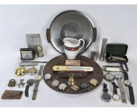 Assorted wrist and pocket watches and other vintage collectables including a copper dish, measuring instruments, and more