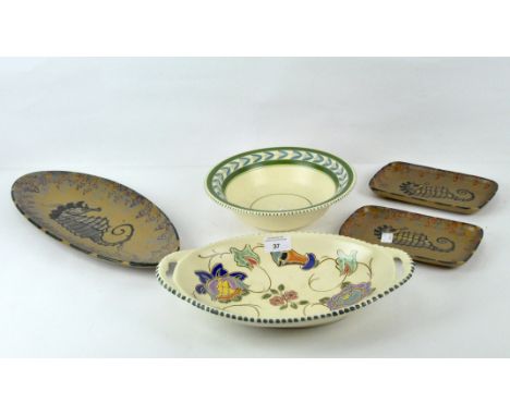 A Collard Honiton ceramic twin handled dish with floral details, together with a Honiton bowl decorated with leaves and a set
