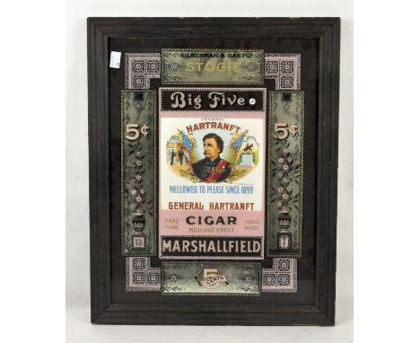 A Big Five Marshall Field Cigar advertising mirror in brown, gold and pink, framed size 51cm x 41.5cm