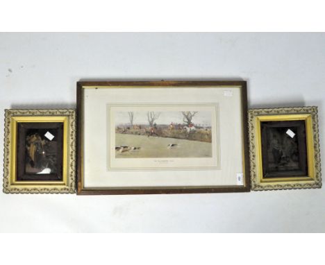Three prints, to include two examples depicting ladies, 14cm x 10cm, framed and behind convex glass, and one showing a fox hu