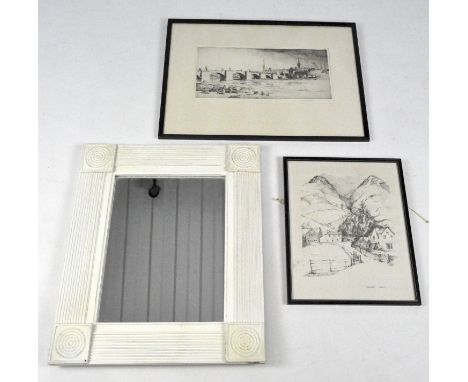 A white painted wall mirror of rectangular form, 57cm x 47cm, together with two framed and glazed etched prints