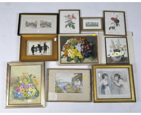 A selection of small paintings, vintage and modern prints of landscapes, flowers, and more, most framed and glazed, max. 22cm