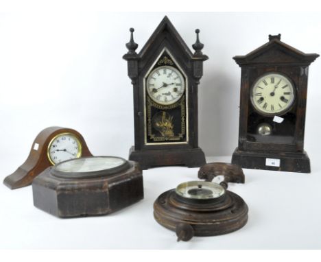 Four 20th century wall and mantle clocks, of assorted designs, all with wooden frames, together with a banjo form wall thermo