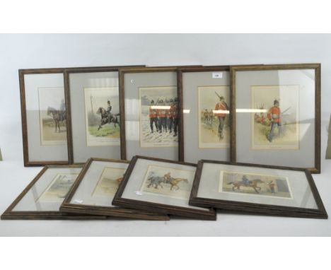 Nine military prints of British regiments, after Godfrey Douglas Giles, 22cm x 16cm, framed and glazed