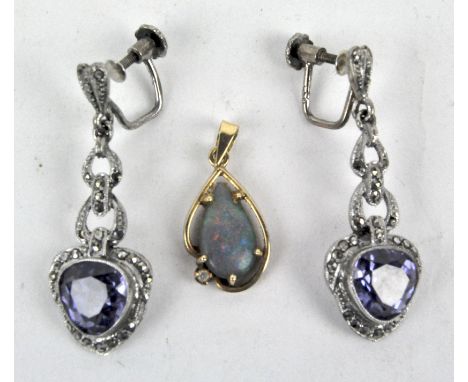 A 14ct gold opal pendant and two earrings