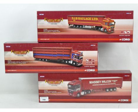 Three Corgi 1:50 scale hauliers of renown series model vehicles, comprising a Massey Wilcox Chilcompton Somerset Mercedes Act