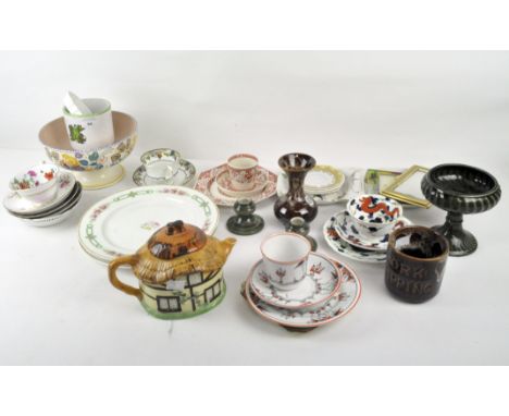 A Burlington ware cottage teapot, together with various other ceramics including a Mintons Aesthic movement tea cup trio, Pho