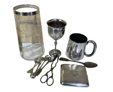 Mixed Lot of Silver, Gross Silver weight 250 grams. To include a plain cigarette case, Birmingham 1921, a silver goblet engra
