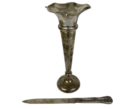 Victorian Silver Paper Knife, London 1895 together with a silver trumpet vase. Vase: Martin Hall & Co, Birmingham 1910. Minor