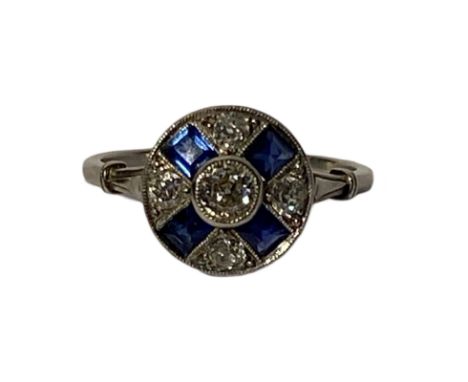 French platinum diamond and sapphire ring. French marks on the exterior of the band. Diamond weight approximately 0.5ct Old E