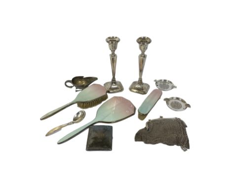 Mixed silver lot. Gross weighable weight 444g. To include cigarette case, Georg Jensen spoon, 2 ashtrays, evening bag, 2 cand