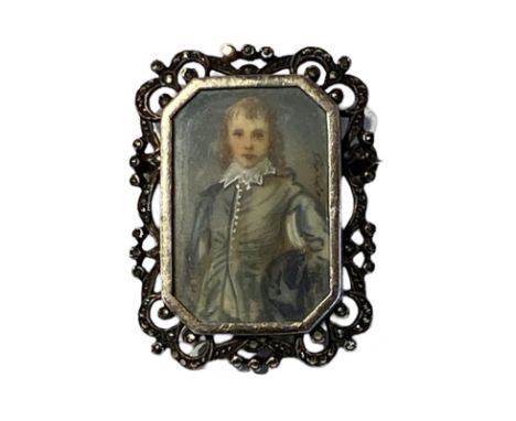 *****AWAY*****Silver and marcasite brooch with miniature portrait.
Portrait of Gainsborough's blue boy set in an unmarked sil