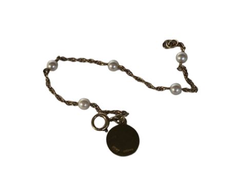 9ct (stamped and tested) fine chain with cultured pearl bracelet. With hallmarked gold disc 375. Weighing approximately 2.59g