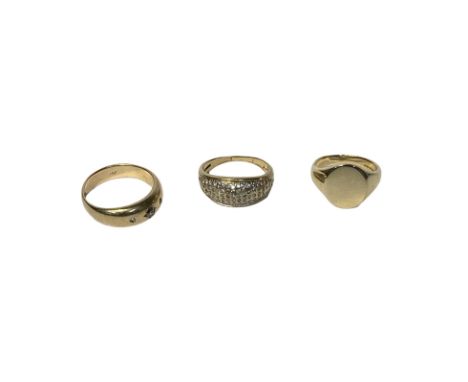 Three 9ct rings to include. A 9ct and diamond chip ring Size S A 9ct and diamond gypsy ring Size V A 9ct signet ring size O. 